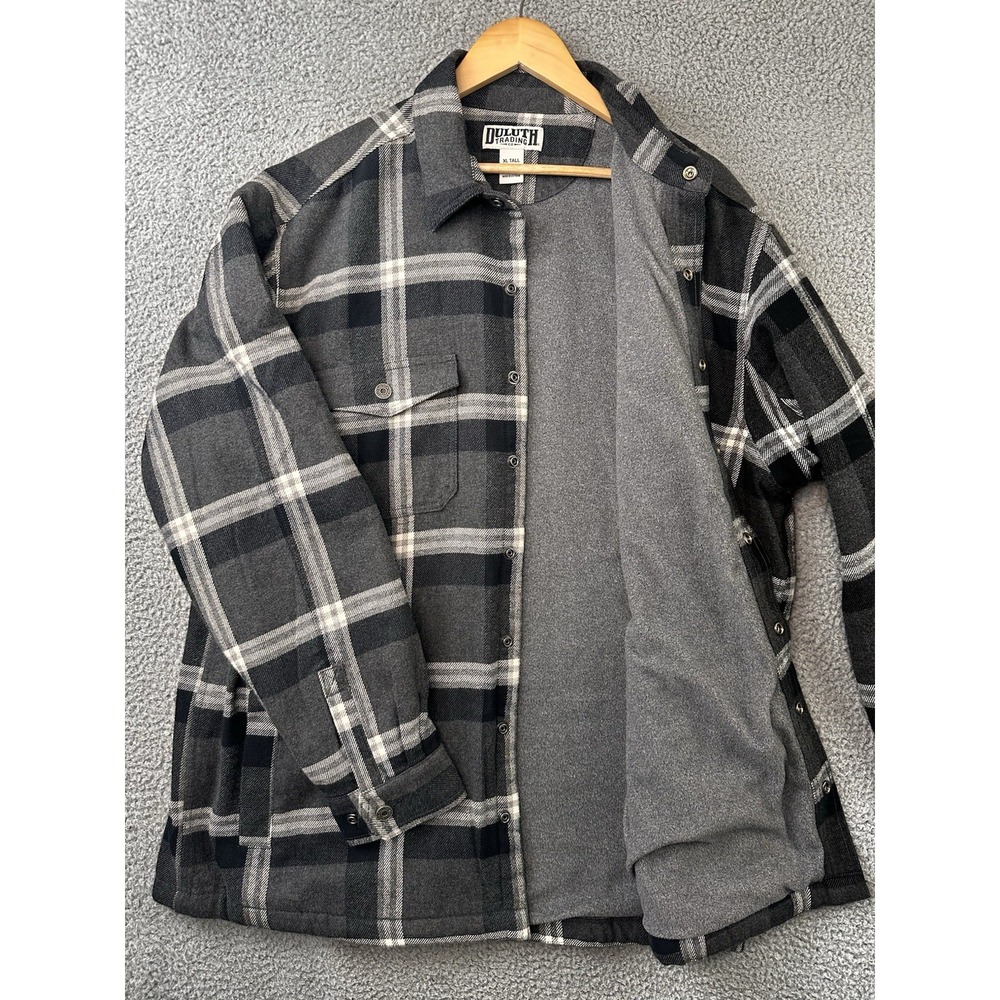Duluth Trading Flapjack Fleece Lined Flannel Shirt Jacket Mens XLT Gray Plaid